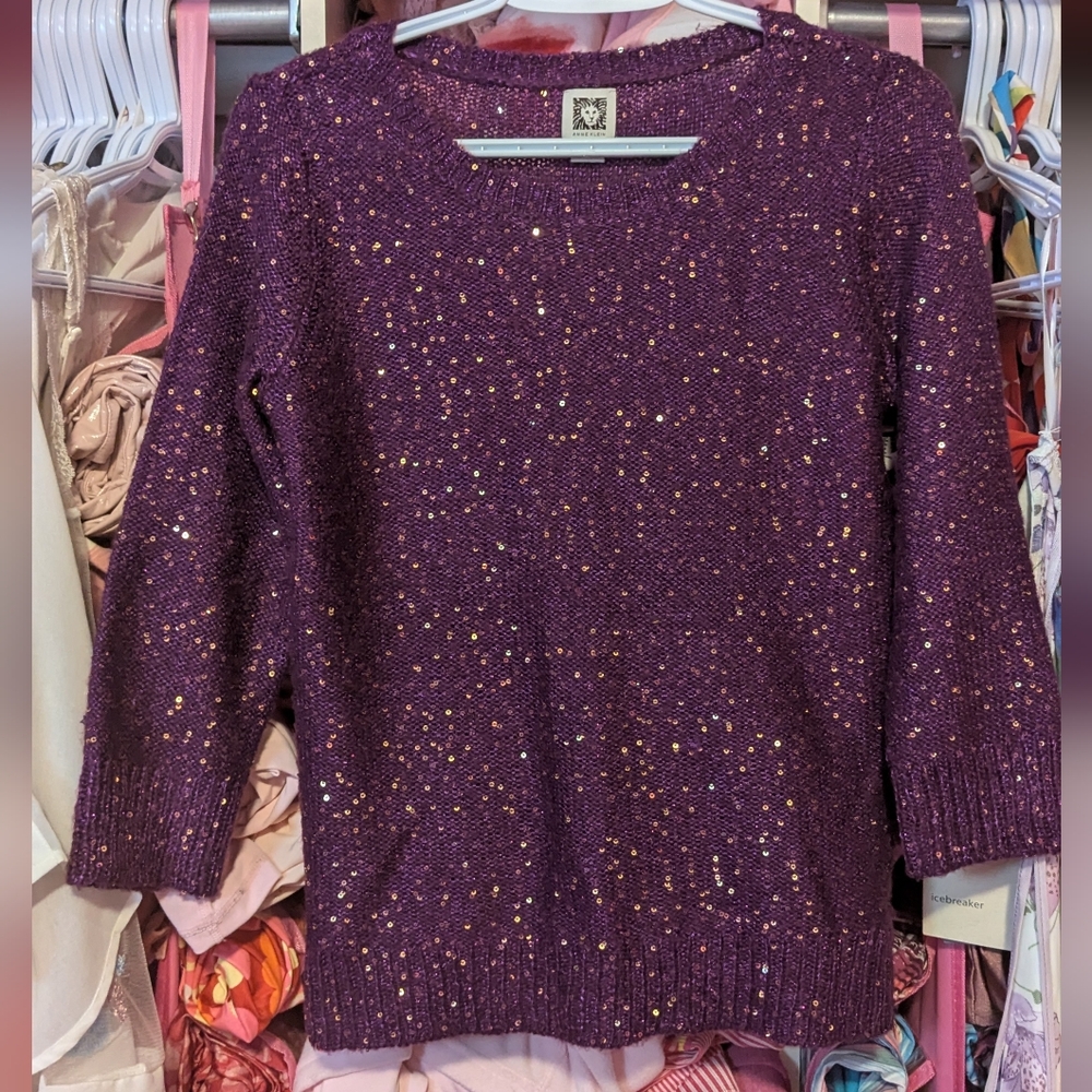 Anne Klein Purple Gold Sequins Crew Neck Sweater